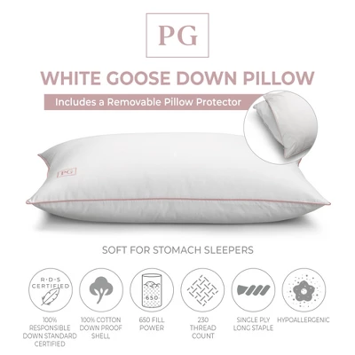 White Goose Down Pillow With 100% Certified RDS Down, And Removable Pillow Protector