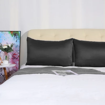 2 Pcs Queen(20"x30") Silky Satin Luxury Pillow Cases Black - PiccoCasa - Image 2
