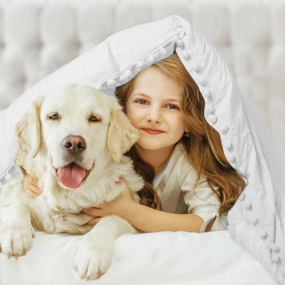 3 Pcs Washed Polyester With Pompoms Tassels Bedding Sets Queen White - PiccoCasa - Image 2