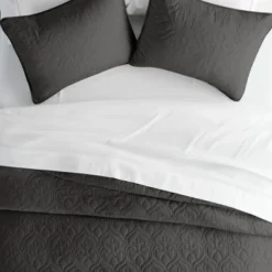 Quilted Coverlet And Shams Set Damask Square Herringbone Pattern - Becky Cameron