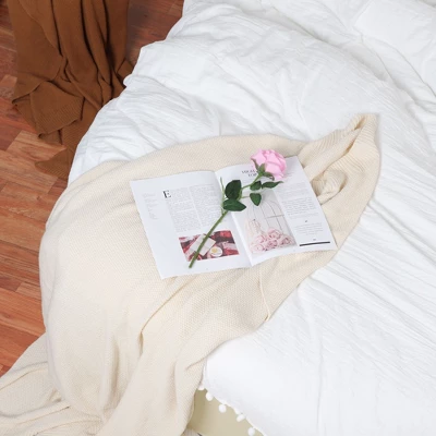 3 Pcs Washed Polyester With Pompoms Tassels Bedding Sets Queen White - PiccoCasa - Image 4